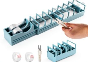 Fast Tape Dispenser for Crafts & Gift Wrapping 18 Strips in Seconds Portable Ribbon Cutter Machine Foldable Double Roll Tapes Dispensers Assistant (Color:Blue)-0